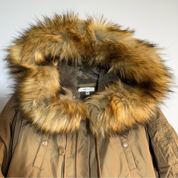 MOUSSY Faux Fur Hooded Bomber Jacket in Tan Size 1 Small Streetwear Warm Outdoor - Picture 11 of 16